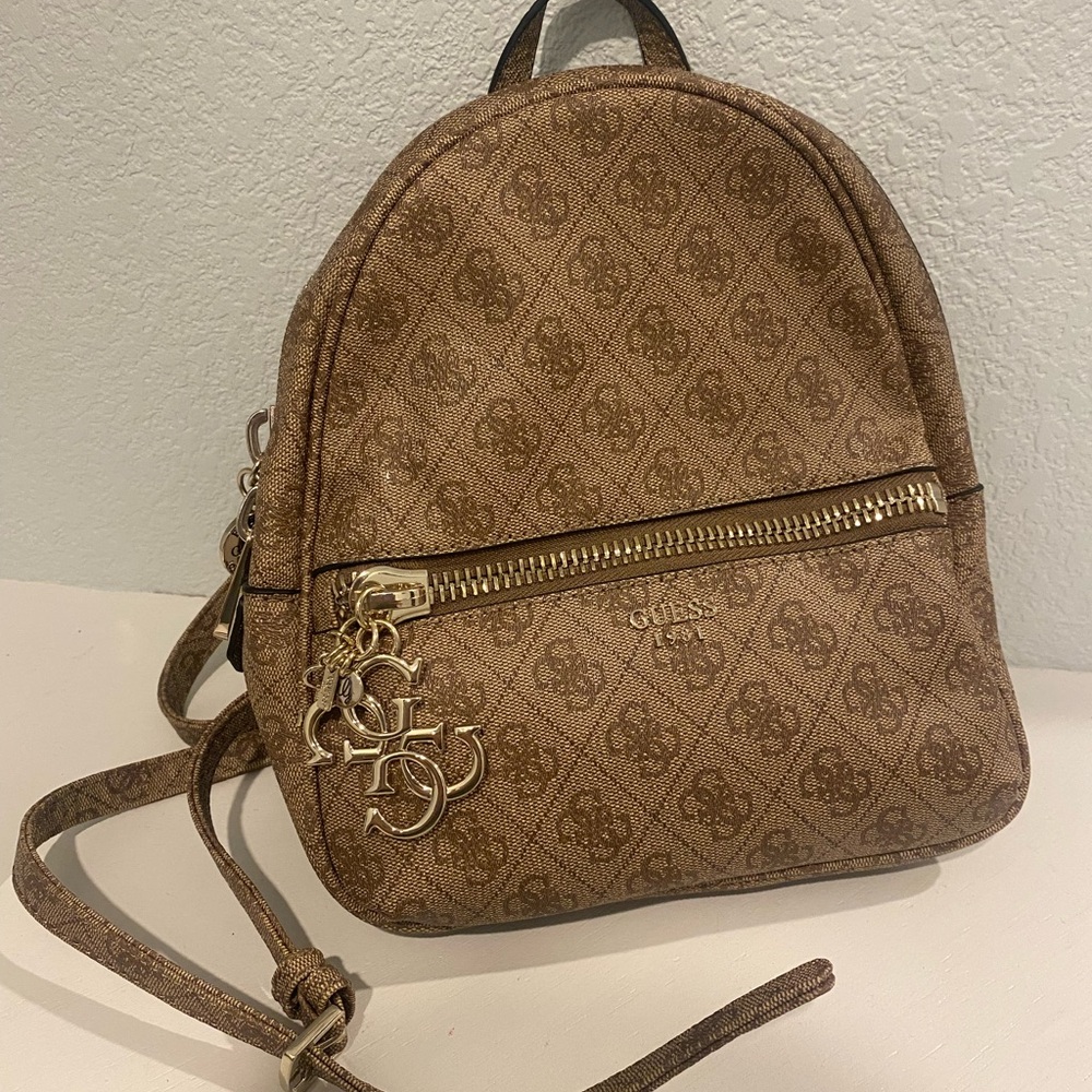 GUESS Tan Logo mini Backpack with Gold charm Accents